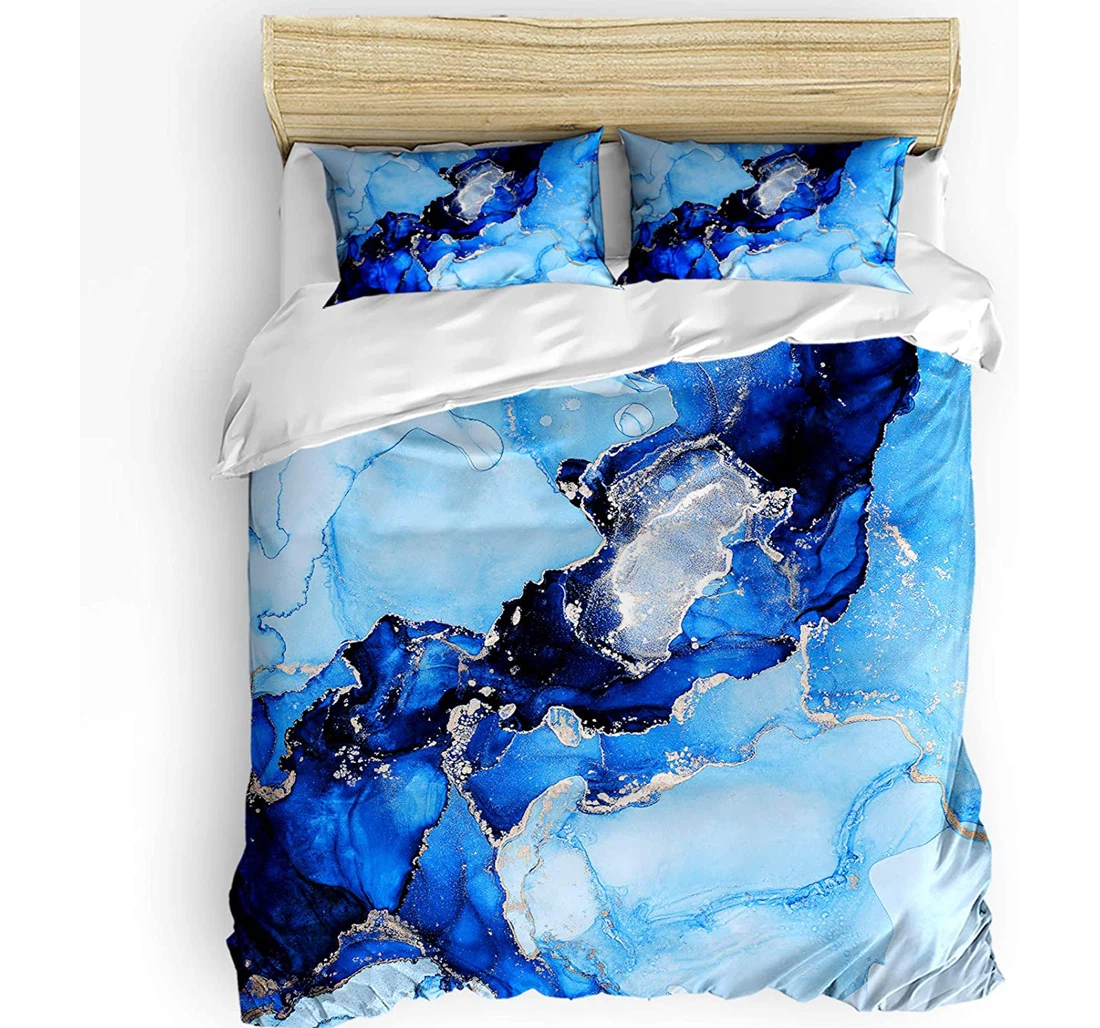 Personalized Bedding Set - Blue Marble Ink Luxurious Graphic Abstract Texture Included 1 Ultra Soft Duvet Cover or Quilt and 2 Lightweight Breathe Pillowcases