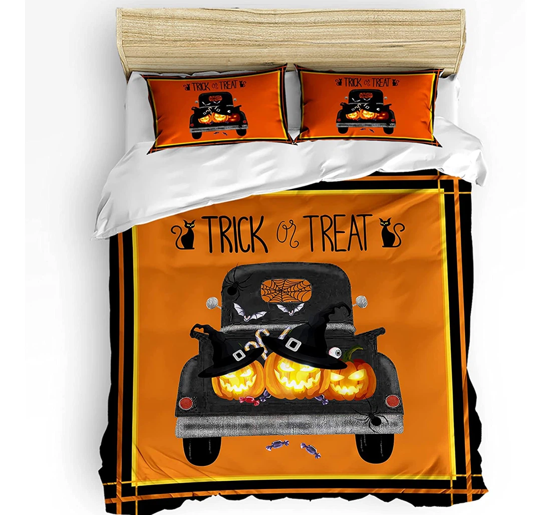 Personalized Bedding Set - Halloween Orange Pumpkin Witch Hat Black Cat Truck Candy Included 1 Ultra Soft Duvet Cover or Quilt and 2 Lightweight Breathe Pillowcases
