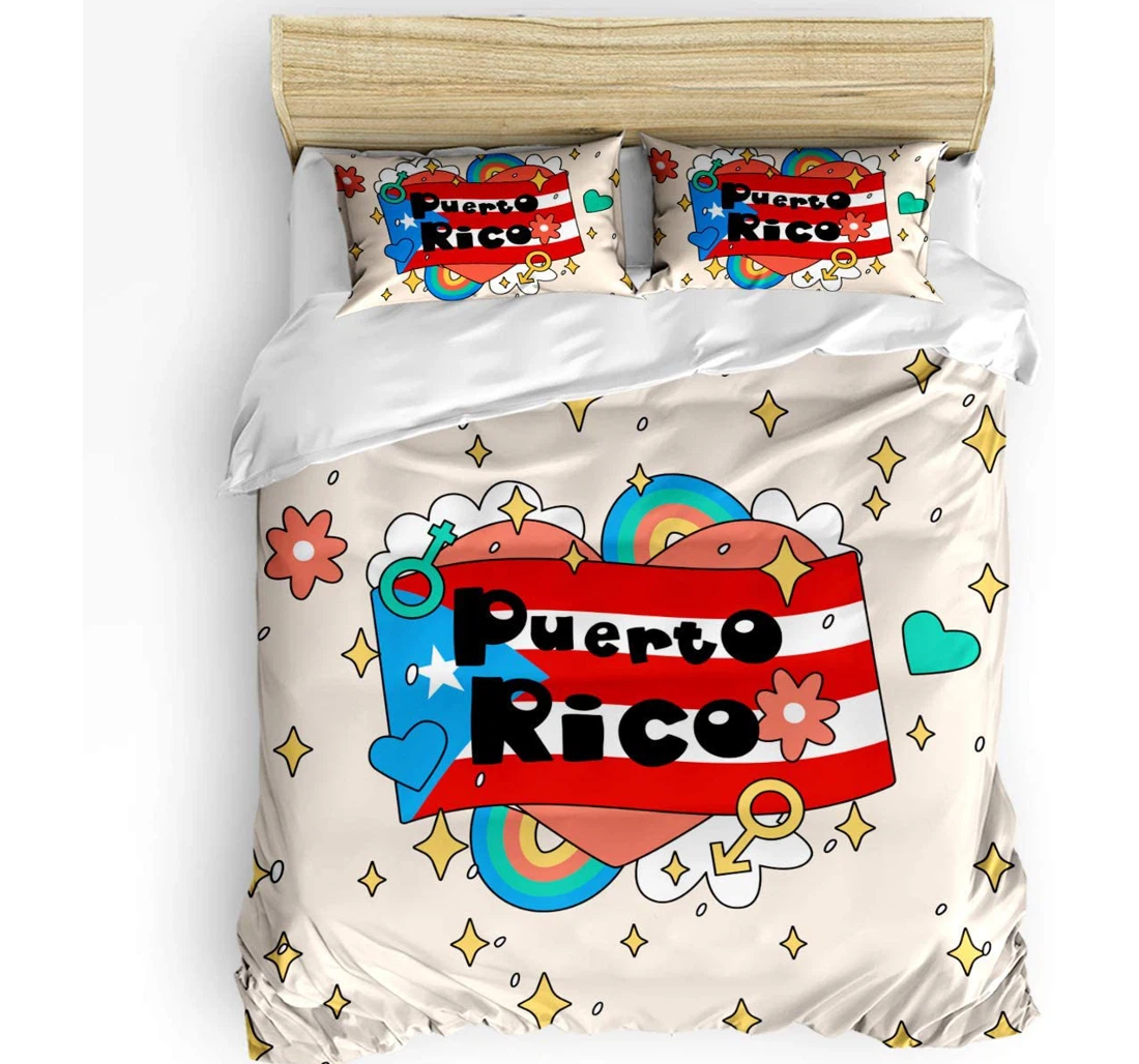 Personalized Bedding Set - Puerto Rico Flag Star Stripe Rainbow Flower Heart Star Included 1 Ultra Soft Duvet Cover or Quilt and 2 Lightweight Breathe Pillowcases