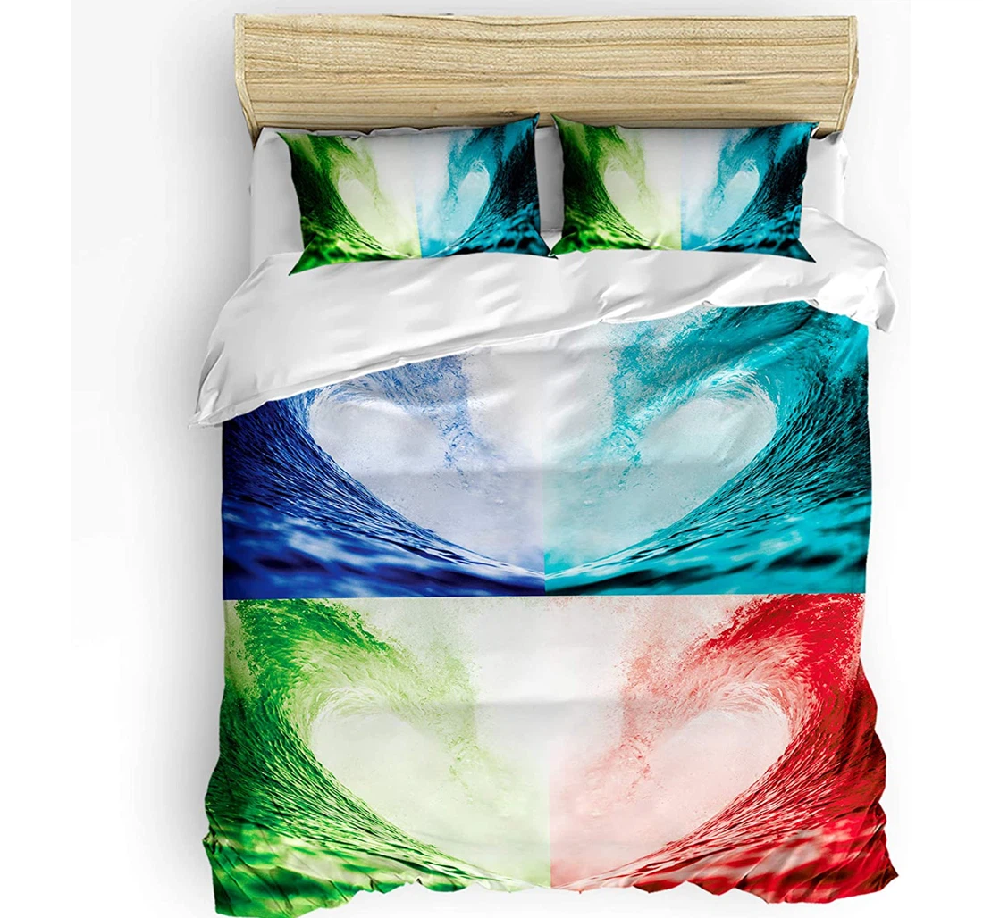 Personalized Bedding Set - Forceful Giant Sea Wave Abstract Colorful Love Heart Included 1 Ultra Soft Duvet Cover or Quilt and 2 Lightweight Breathe Pillowcases