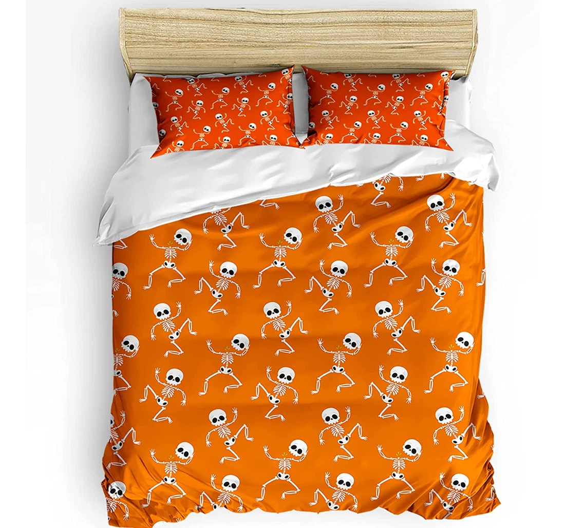 Personalized Bedding Set - Halloween Funny Skull Skeleton Orange Backdrop Included 1 Ultra Soft Duvet Cover or Quilt and 2 Lightweight Breathe Pillowcases