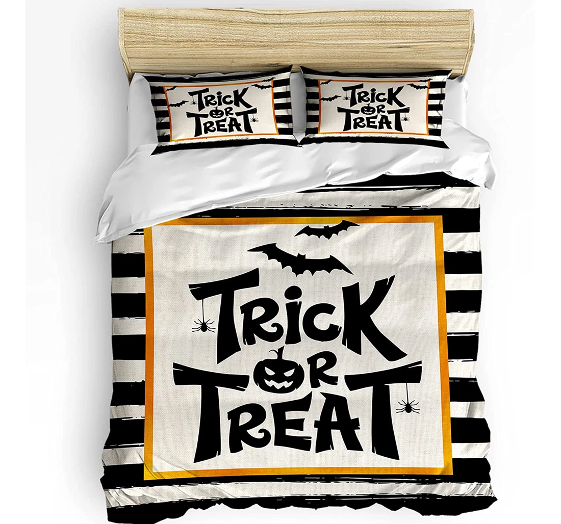 Personalized Bedding Set - Halloween Trick Treat Pumpkin Bats Black Stripes Included 1 Ultra Soft Duvet Cover or Quilt and 2 Lightweight Breathe Pillowcases