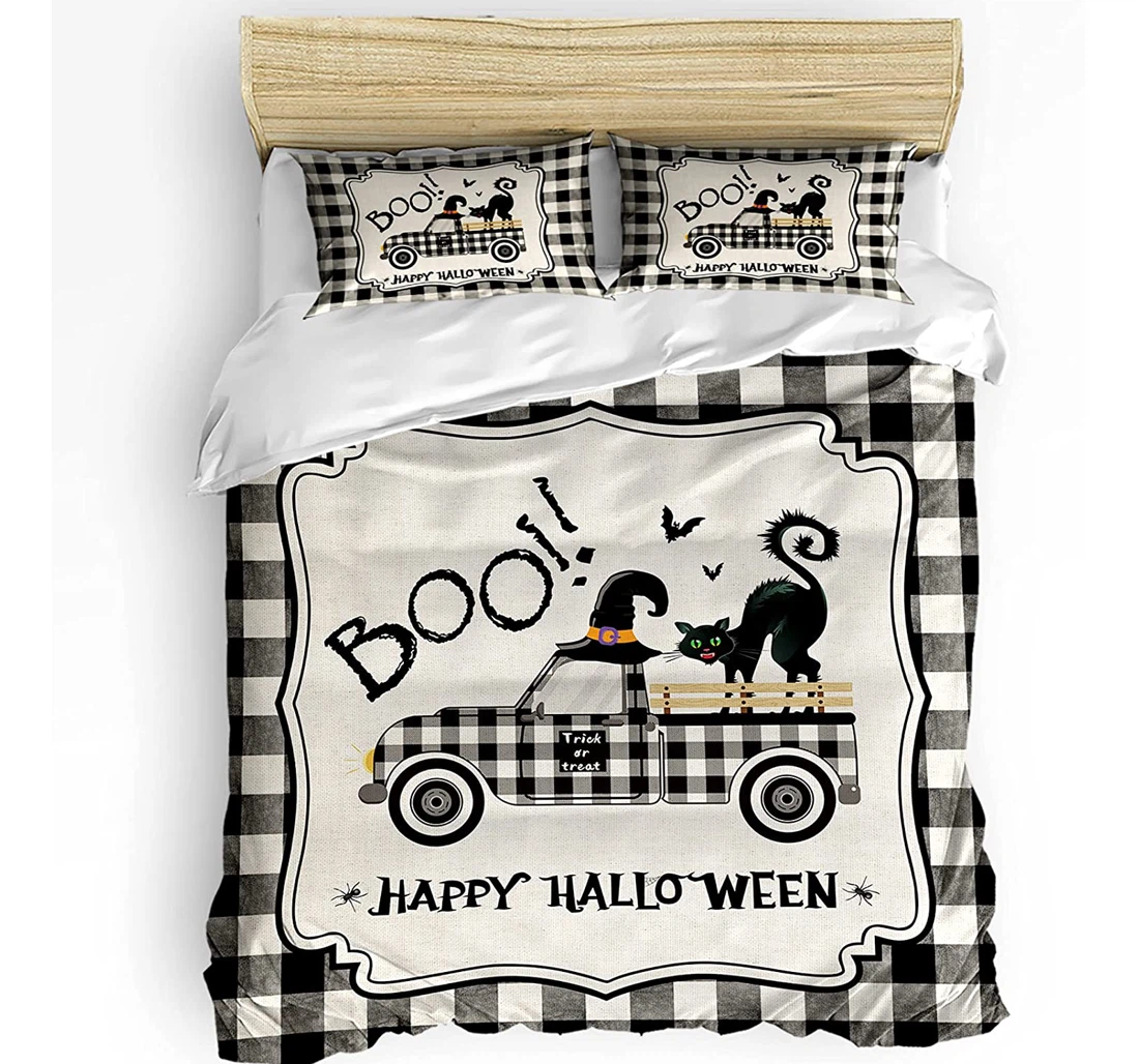 Personalized Bedding Set - Halloween Boo Witch Hat Cat Black Check Plaid Truck Included 1 Ultra Soft Duvet Cover or Quilt and 2 Lightweight Breathe Pillowcases