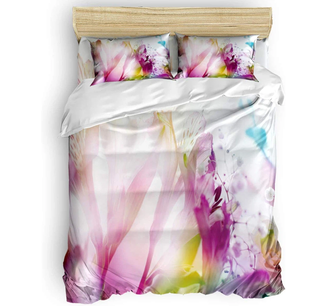 Personalized Bedding Set - Watercolor Lily Flower 4-piece Sets, Pink Purple Abstract Floral Childrenskidsteensadults Included 1 Ultra Soft Duvet Cover or Quilt and 2 Lightweight Breathe Pillowcases