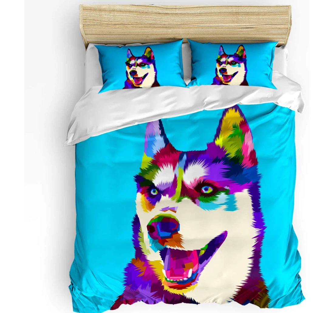 Personalized Bedding Set - Huskie Portrait Original Watercolor Of Dog Funny Included 1 Ultra Soft Duvet Cover or Quilt and 2 Lightweight Breathe Pillowcases