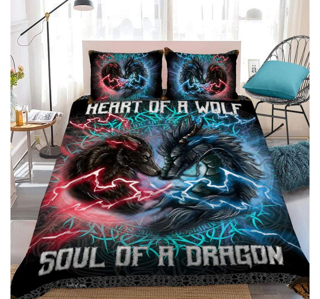 Bedding Set - Personalized Wolf Dragon Heart Of Wolf Soul Of Dragon Birthday Mother Father Days Gifts Included 1 Ultra Soft Duvet Cover or Quilt and 2 Lightweight Breathe Pillowcases