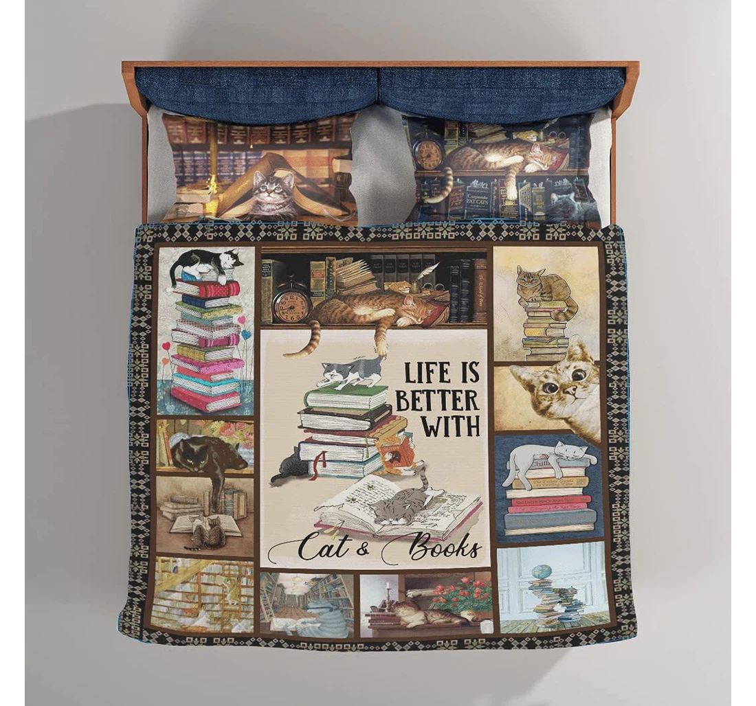 Bedding Set - Personalized Life Is Better Cats Books Winter New Year Birthday To My Included 1 Ultra Soft Duvet Cover or Quilt and 2 Lightweight Breathe Pillowcases