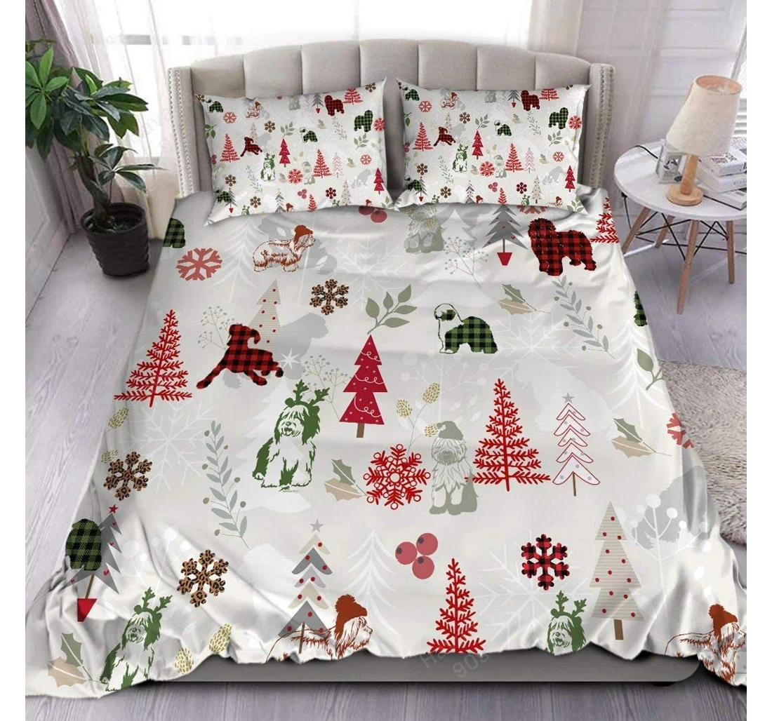 Bedding Set - Old English Sheepdog Christmas Flannel Dog Collection Included 1 Ultra Soft Duvet Cover or Quilt and 2 Lightweight Breathe Pillowcases