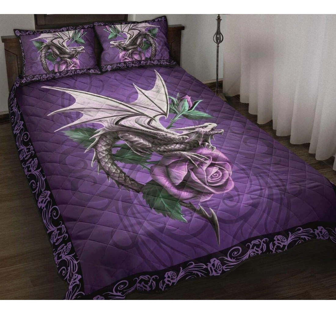 Bedding Set - Personalized Dragon Purple Rose Coverlet, Bedspread Ideas Gifts Special Day Dragon Birthday To Mom Mommy Mother Dad Daddy Father Included 1 Ultra Soft Duvet Cover or Quilt and 2 Lightweight Breathe Pillowcases