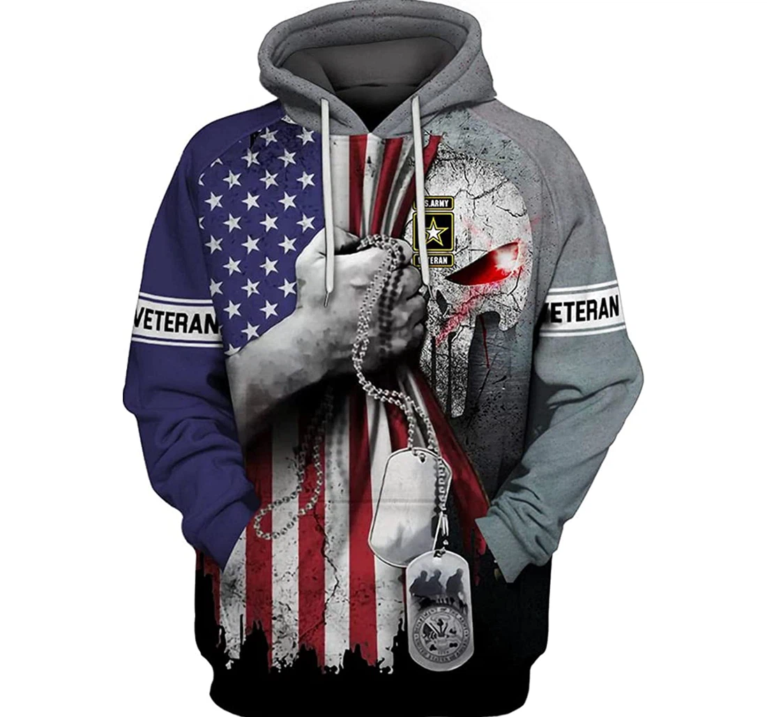 U.s Veteran Skull Grey Blue - 3D Printed Pullover Hoodie