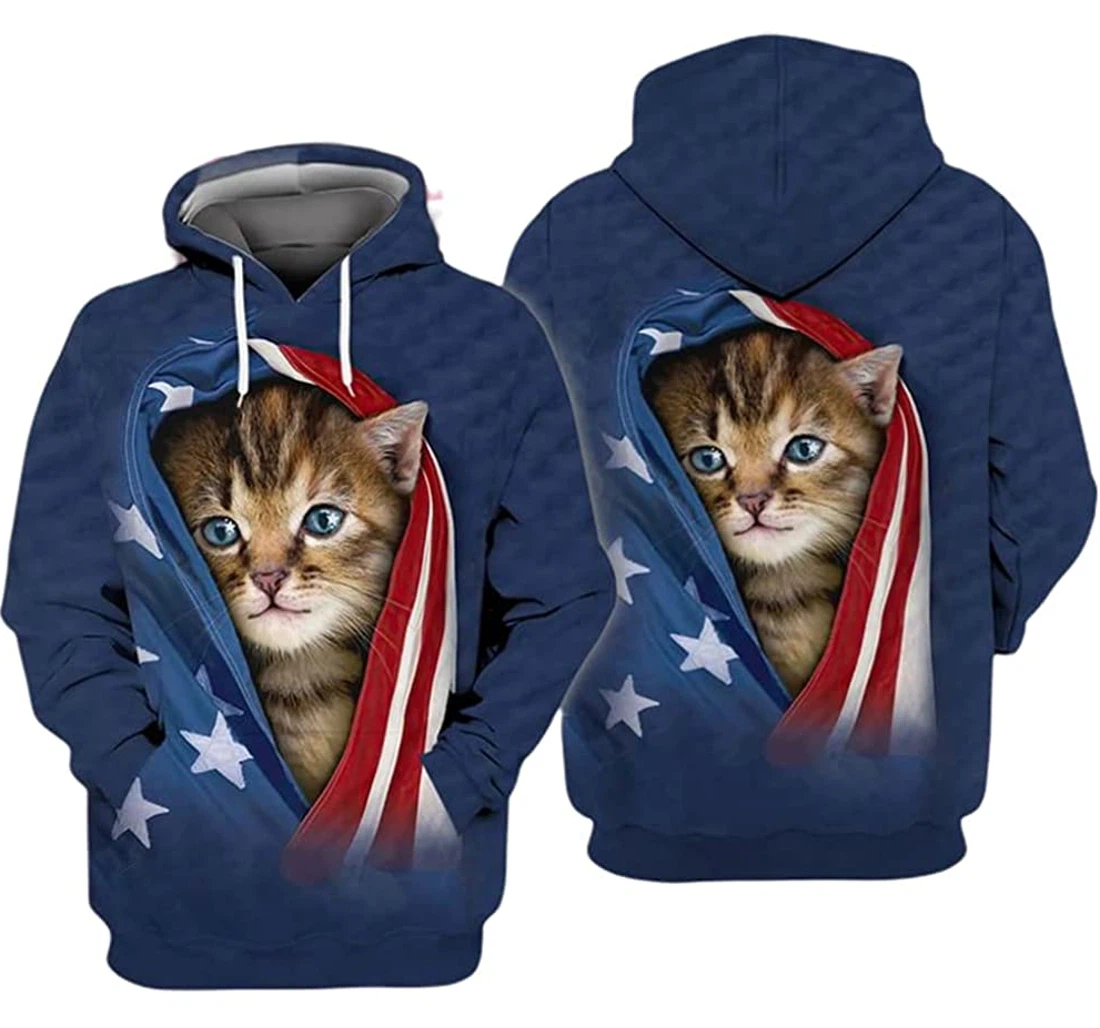 Patriot Cat So Cute With Blue Background - 3D Printed Pullover Hoodie