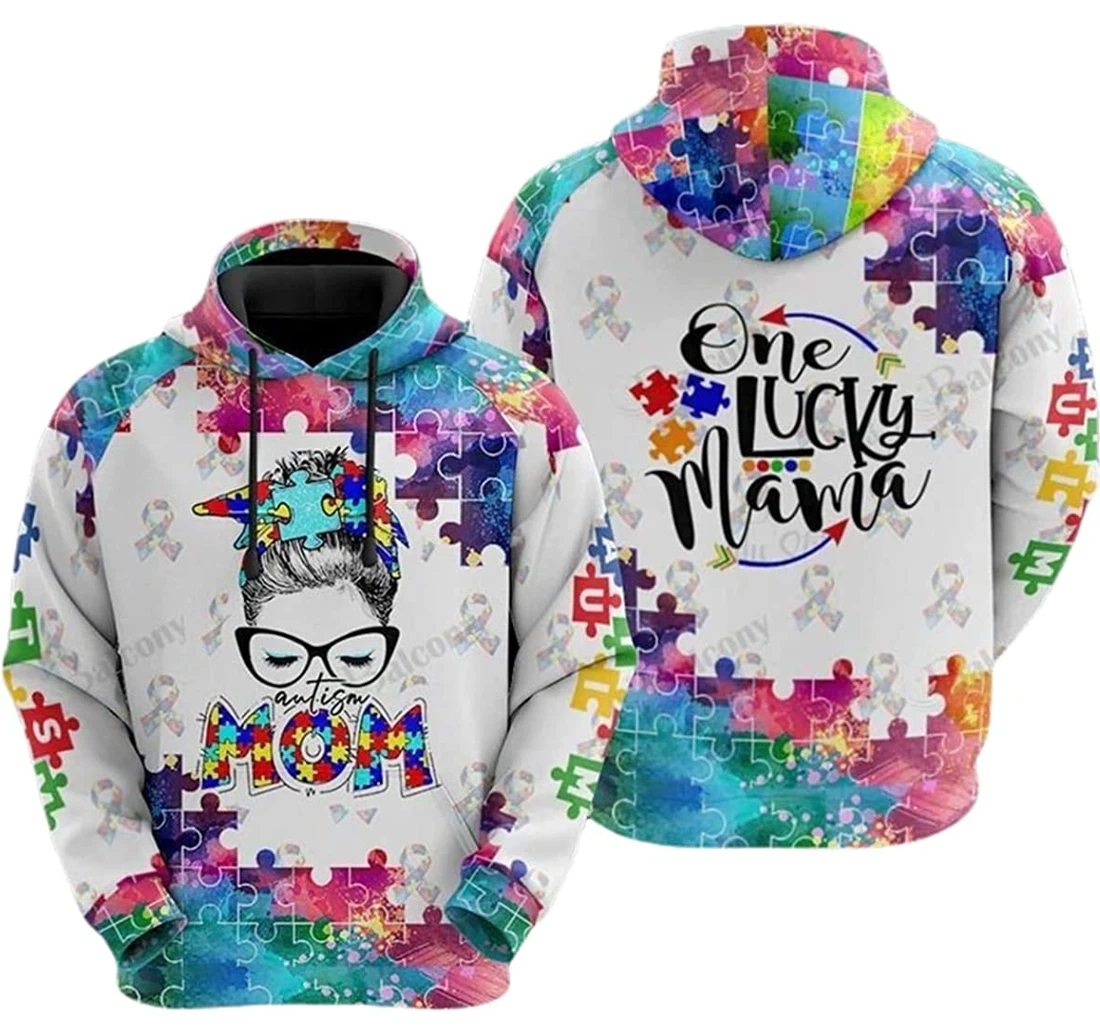 Autism Mom One Lucky Mama Colorful Puzzle Pattern - 3D Printed Pullover Hoodie