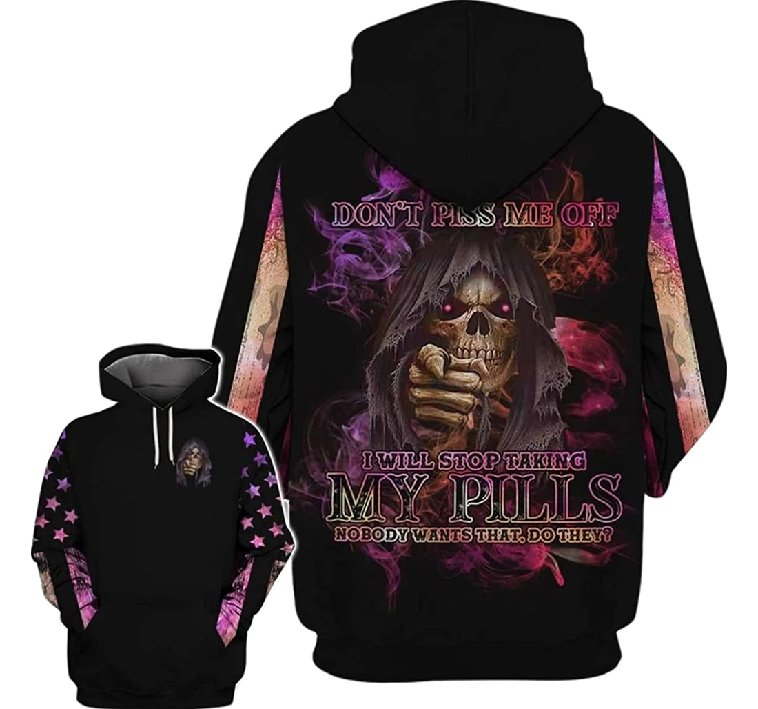 Skull Us Flag Purple Smoke Dont Piss Me Off - 3D Printed Pullover Hoodie