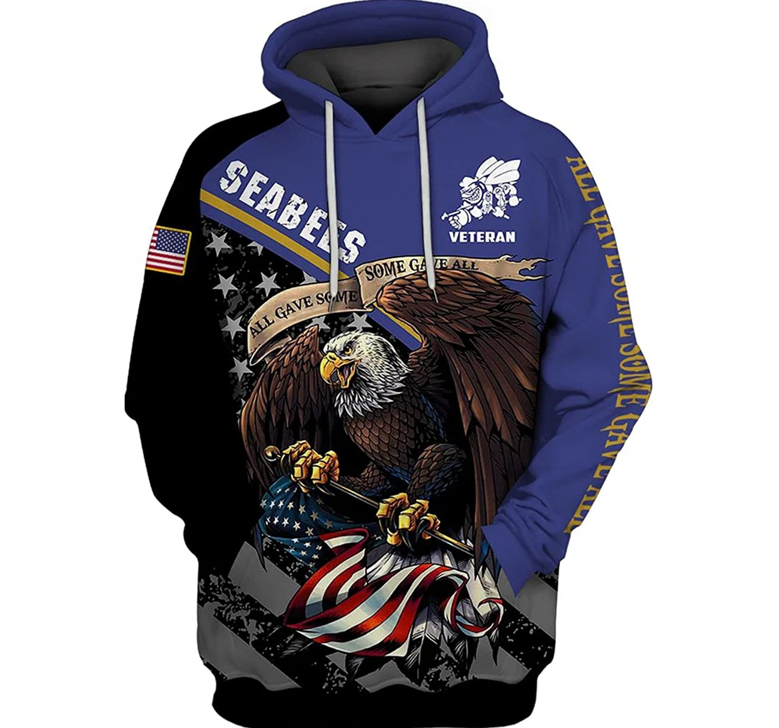 Us Navy Seabees Veteran Eagle Art Blue Background - 3D Printed Pullover Hoodie