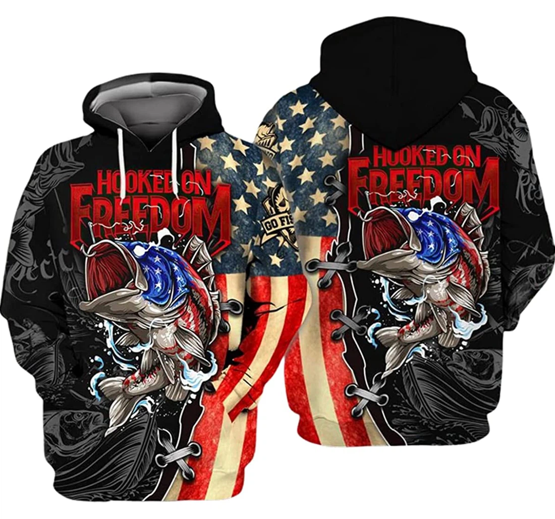 Us Bass Fishing Hooked On Freedom America Flag - 3D Printed Pullover Hoodie