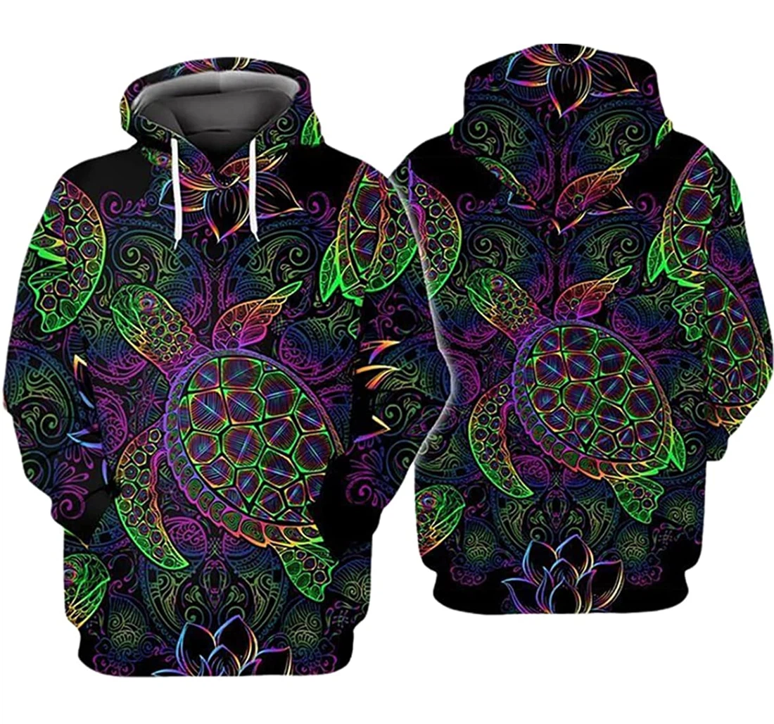 Turtle Green Purple Pattern - 3D Printed Pullover Hoodie