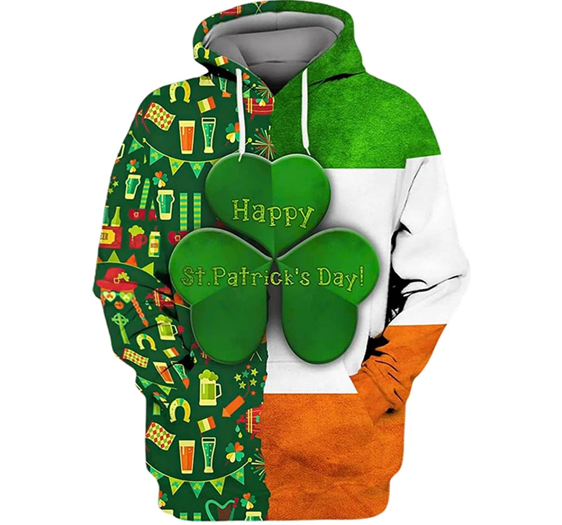 Happy St Patrick Day Irish Flag Background Clover Pattern - 3D Printed Pullover Hoodie