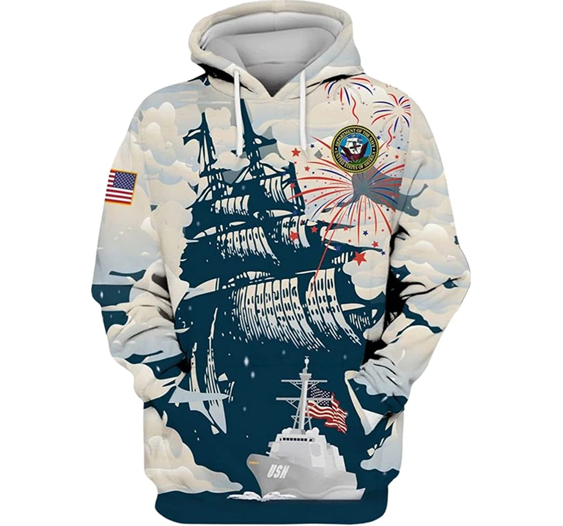 Us Navy Veteran Flag Ship Firework Art - 3D Printed Pullover Hoodie