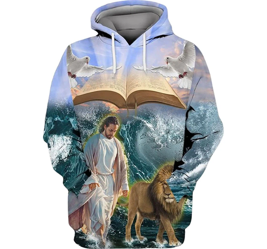 Jesus Lion Walking On The Ocean Art - 3D Printed Pullover Hoodie