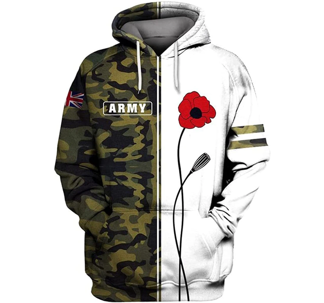 Uk Veteran Poppy Honour The Fallen Camo Uk Flag - 3D Printed Pullover Hoodie