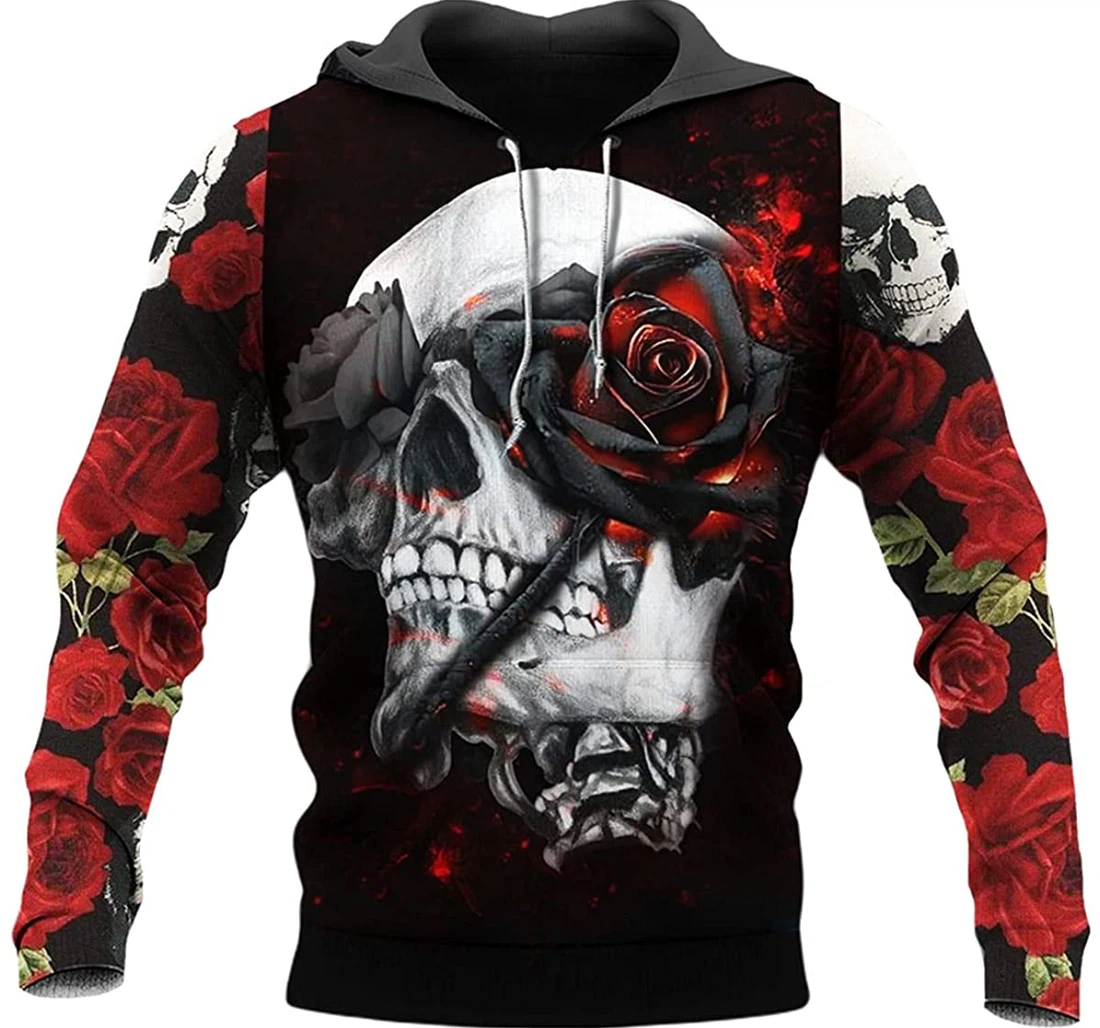 Red Rose Skull Death Head - 3D Printed Pullover Hoodie