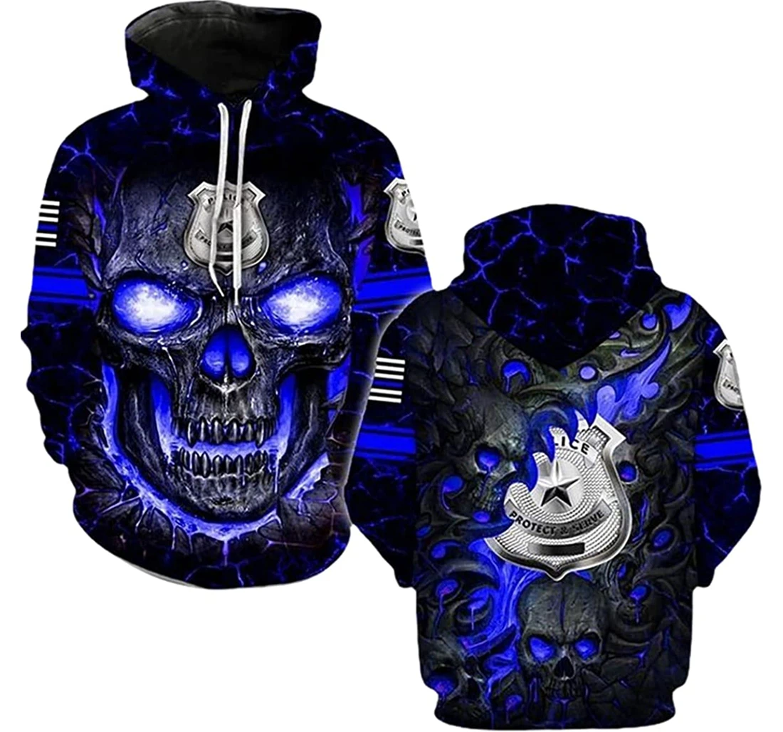 Blue Skull Police Protect & Serve - 3D Printed Pullover Hoodie