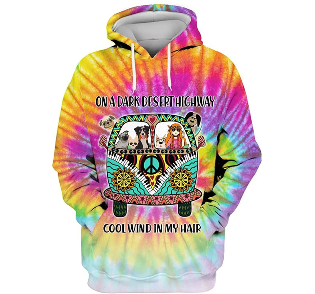 Tie Dye Hippie Bus Girl Dogs On A Dark Desert Highway S - And - 3D Printed Pullover Hoodie