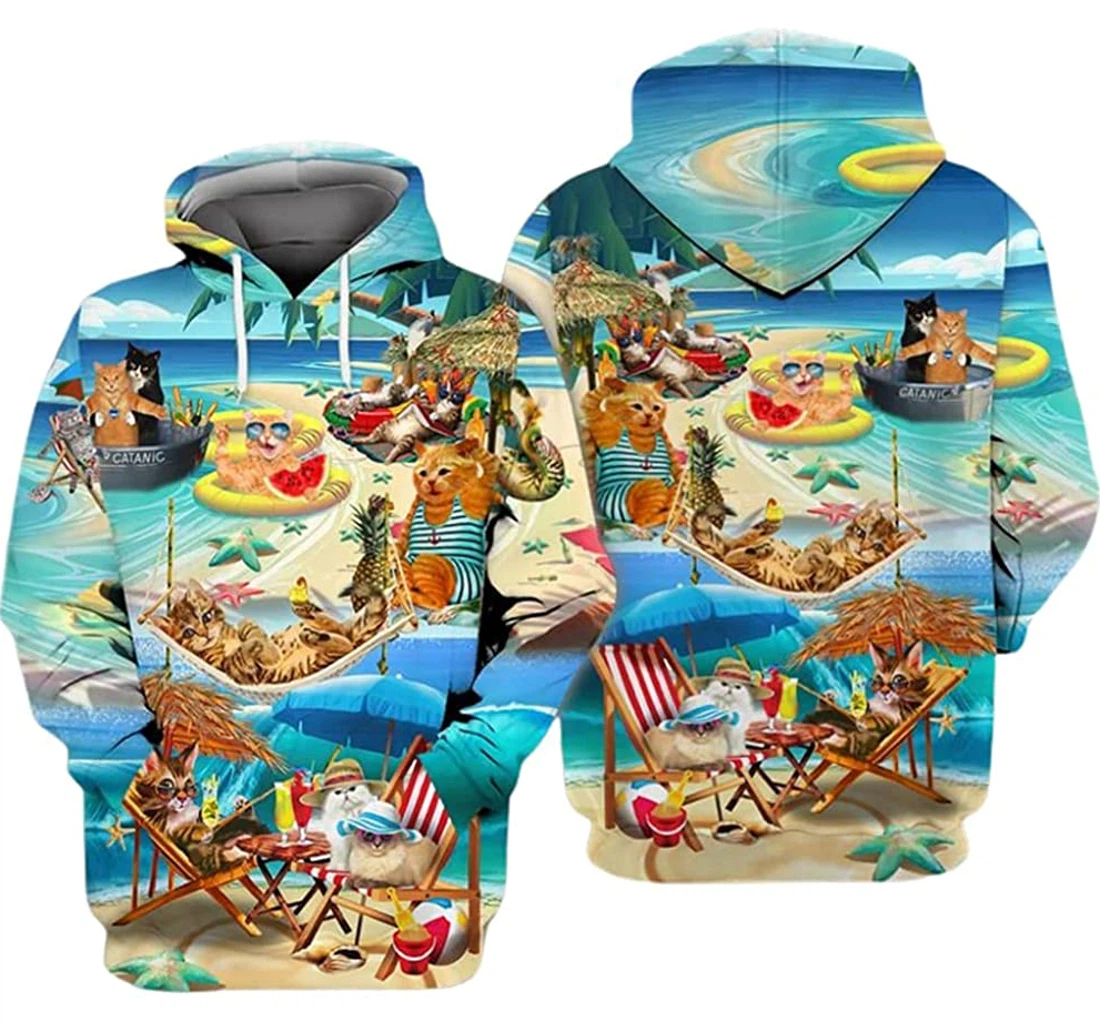 Cat Beach Love Summer Vacation Awesome Art - 3D Printed Pullover Hoodie