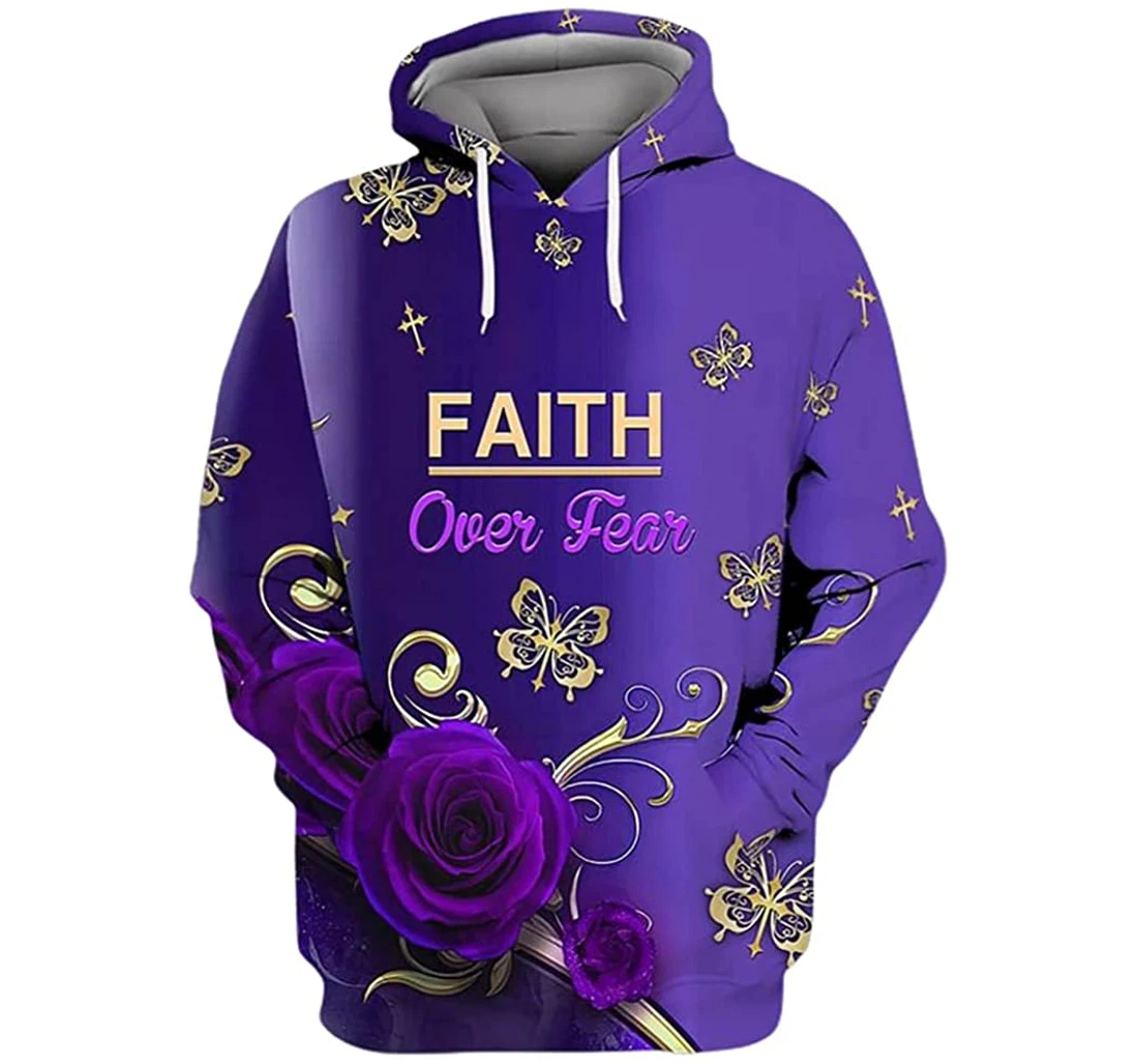 Faith Over Fear Gold Butterfly Cross Purple Rose - 3D Printed Pullover Hoodie