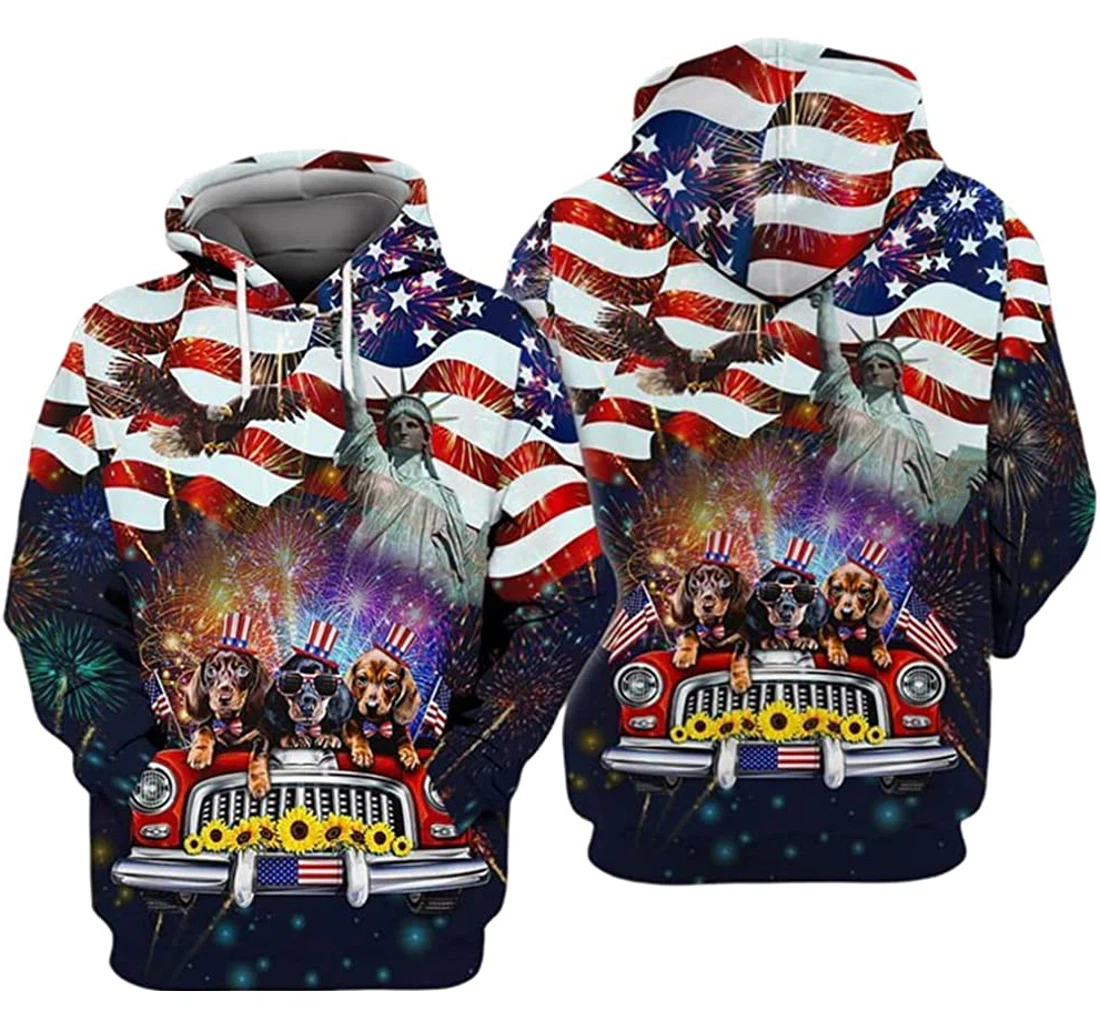 Dachshund Fireworks Independence Day Eagle Liberty Us Flag - 3D Printed Pullover Hoodie