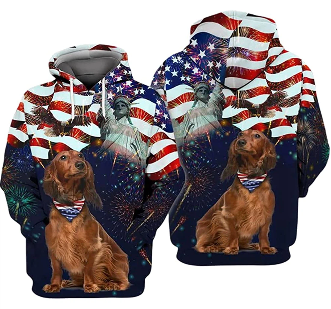 Brown Dachshund Fireworks Independence Day Us Flag Eagle Liberty - 3D Printed Pullover Hoodie