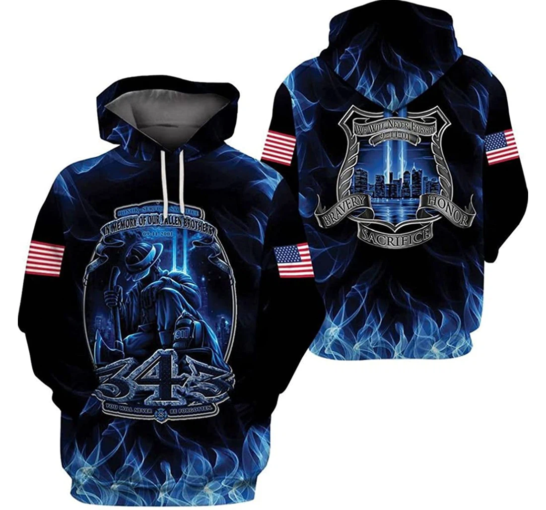 Us Veteran America Flag In Memory Of Our Fallen Brothers Blue Fire - 3D Printed Pullover Hoodie