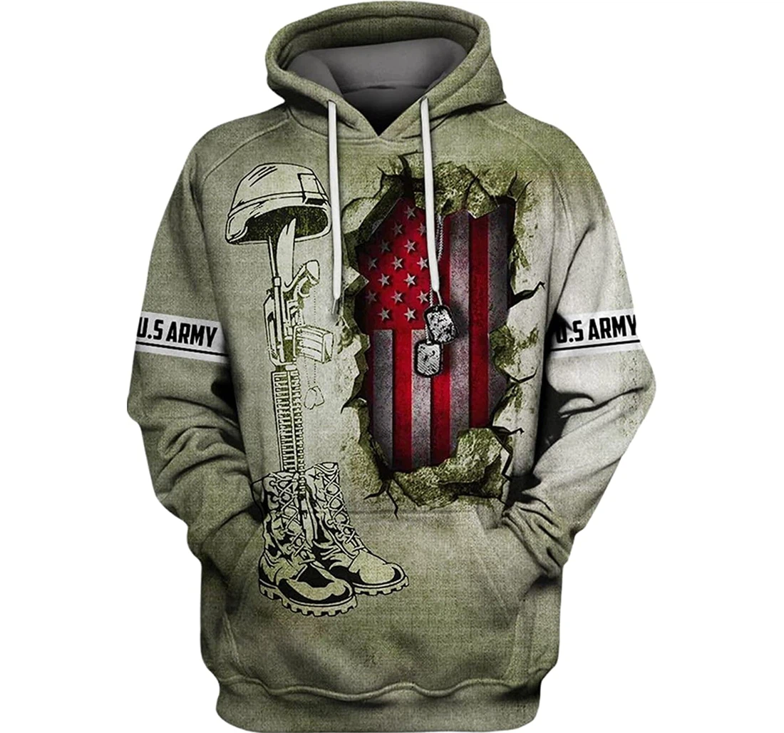 U.s Army Veteran Red Flag Broken Wall Heart - 3D Printed Pullover Hoodie