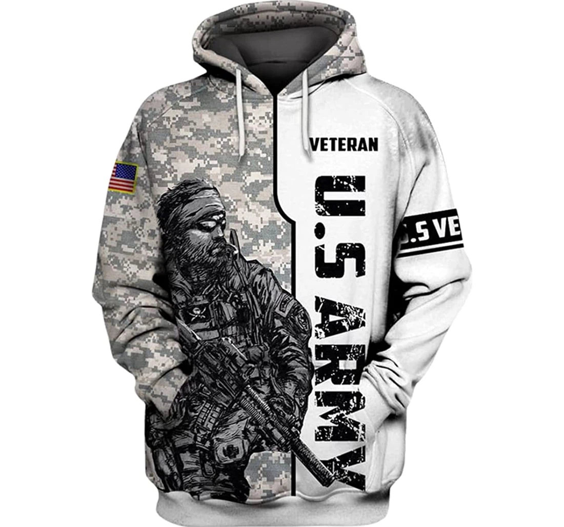 Us Army Veteran Art Grey Camo Flag - 3D Printed Pullover Hoodie