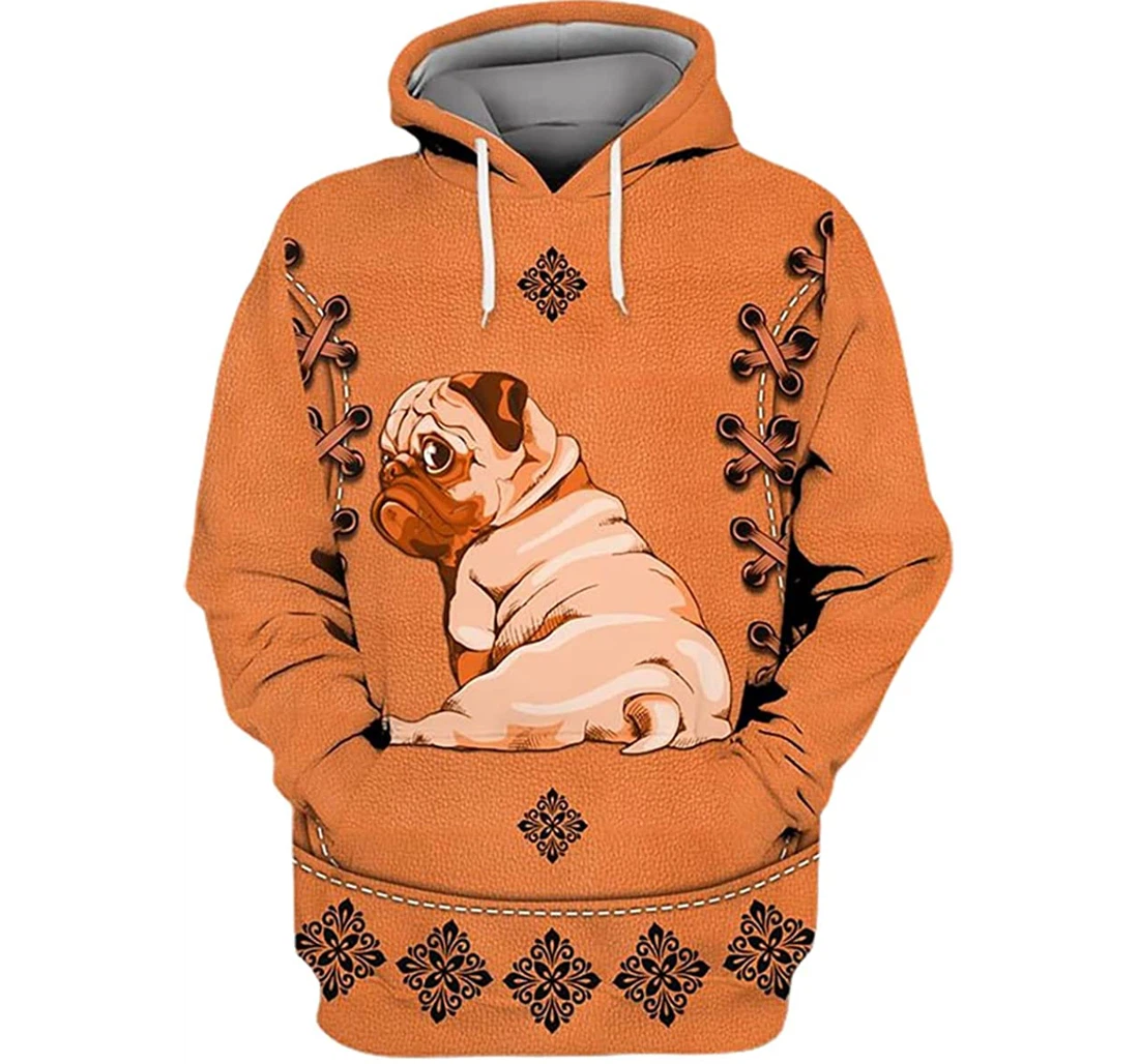 Lovely Pug Brown Leather Roots - 3D Printed Pullover Hoodie