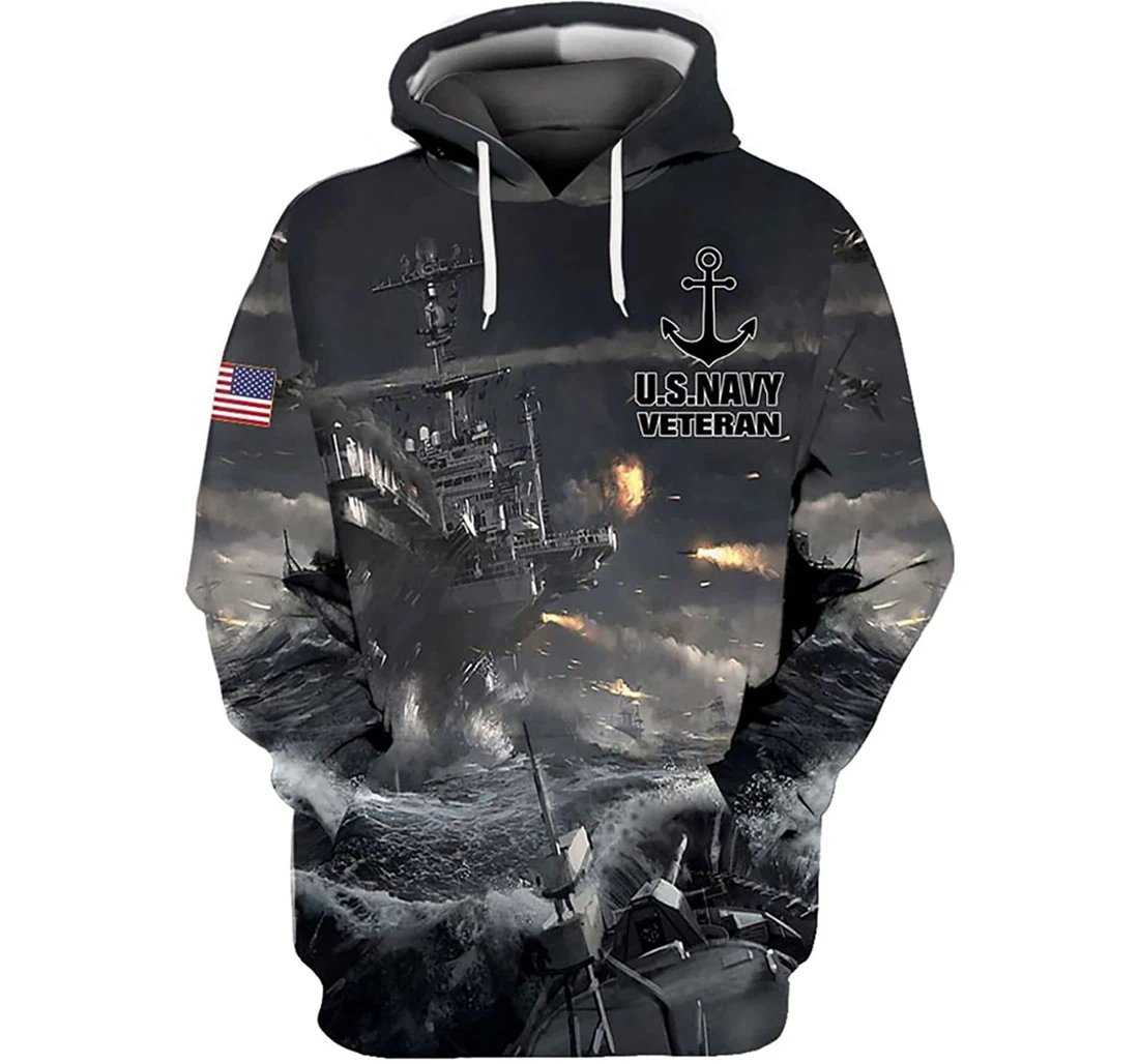 Us Navy Veteran War Battle Ship On The Sea Anchor Symbol - 3D Printed Pullover Hoodie