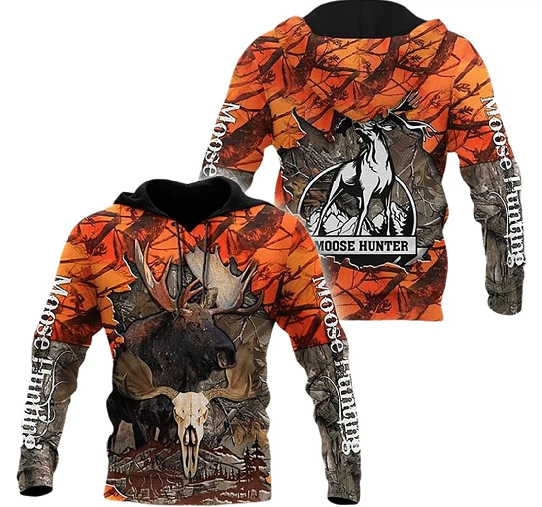 Moose Hunting Moose Hunter Orange Forest Pattern - 3D Printed Pullover Hoodie