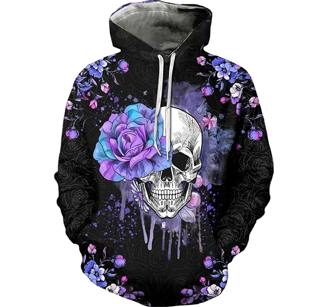 Skull Flower Purple Pattern - 3D Printed Pullover Hoodie