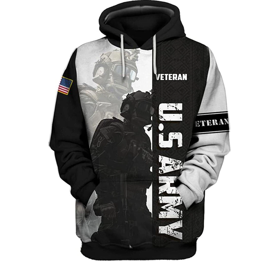 Us Army Veteran Flag N White Background - 3D Printed Pullover Hoodie