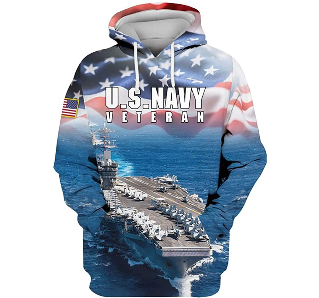 Us Navy Veteran Us Flag Ship Art - 3D Printed Pullover Hoodie