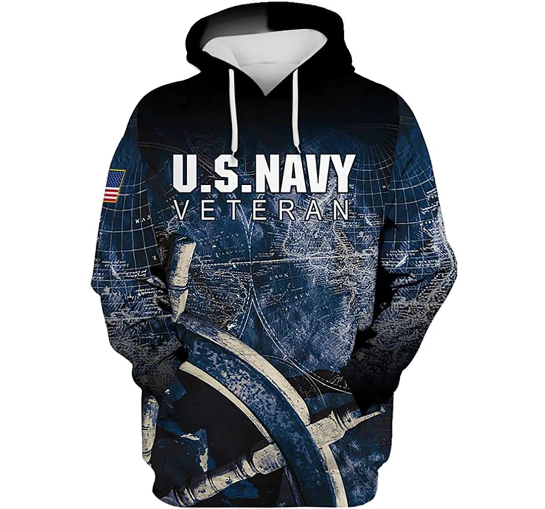 Us Navy Veteran Rudder Ship Map Pattern - 3D Printed Pullover Hoodie