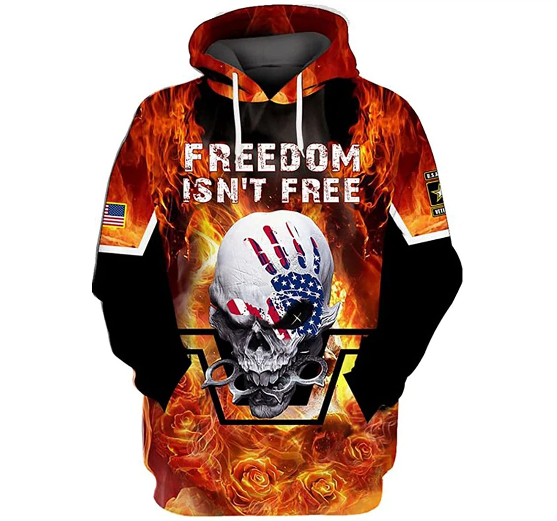 Us Veteran Us Skull Fire Roses Freedom Isn't Free - 3D Printed Pullover Hoodie