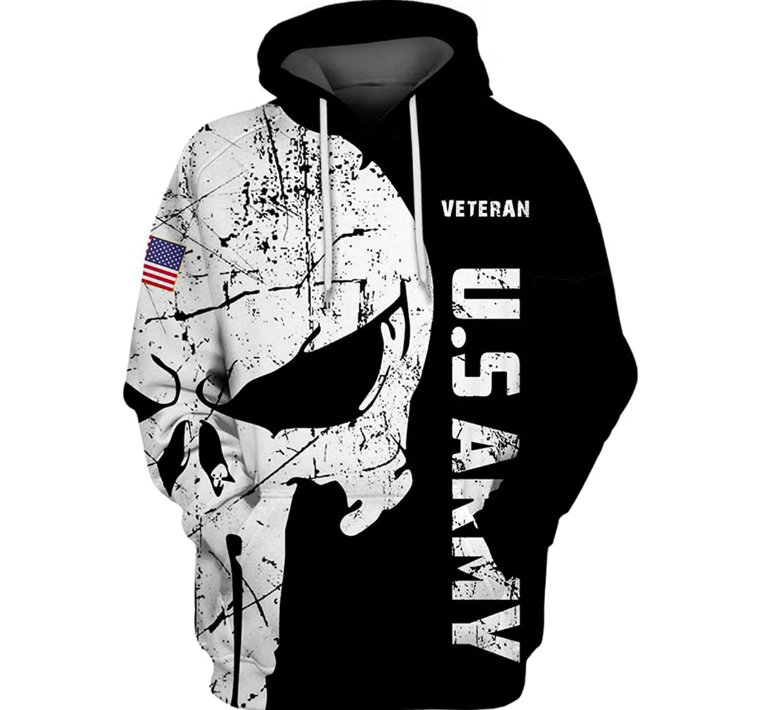 Us Army Veteran Skull Flag & White 1 - 3D Printed Pullover Hoodie