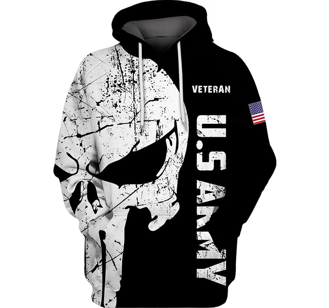 Us Army Veteran America Flag Skull N White - 3D Printed Pullover Hoodie