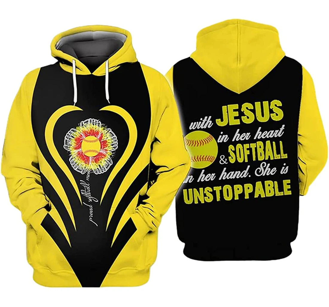 Softball With Jesus In Her She Is Unstoppable Heart - 3D Printed Pullover Hoodie