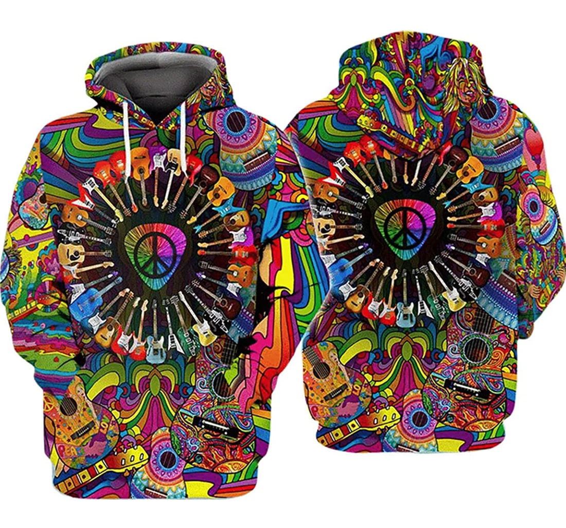 Hippie Music Guitar Peace Symbol - 3D Printed Pullover Hoodie