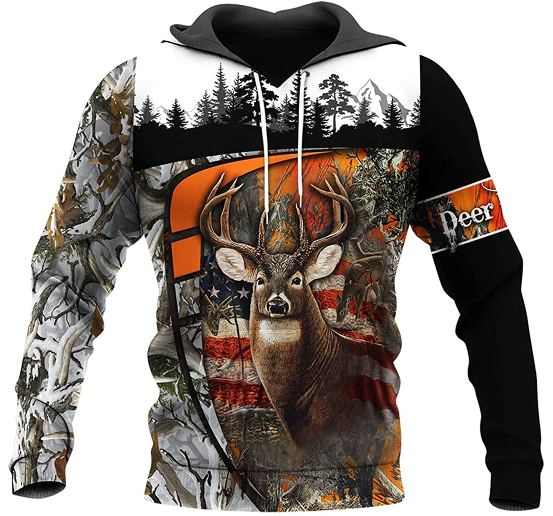 Huntaholic Camo Deer Hunting Us Flag - 3D Printed Pullover Hoodie