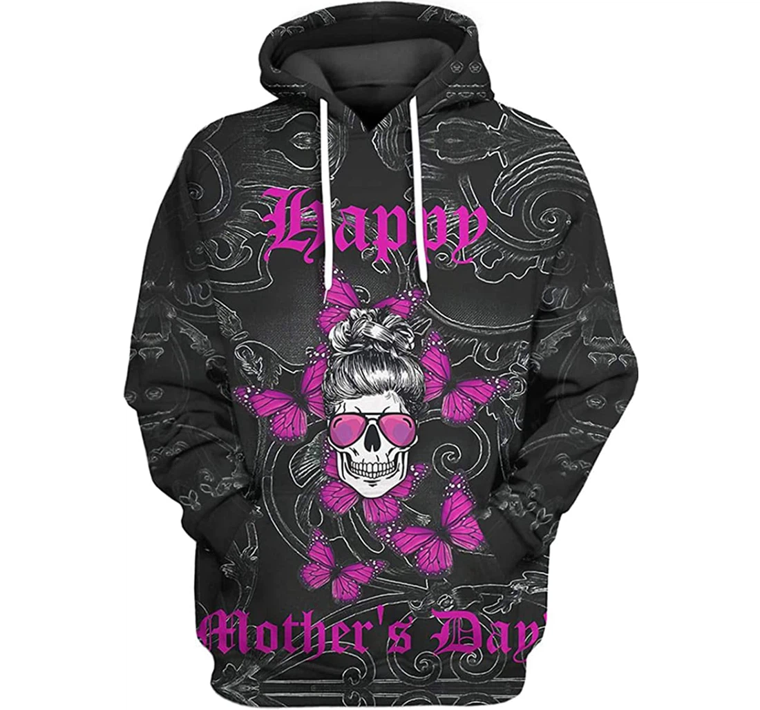 Happy Mothers Day Skull Mothers Purple Butterfly - 3D Printed Pullover Hoodie