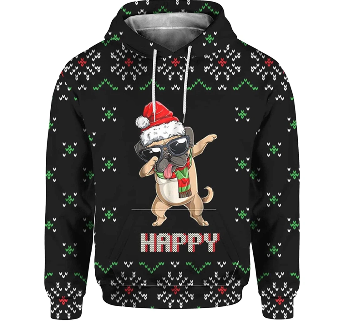 Merry Christmas Dab Pug - 3D Printed Pullover Hoodie