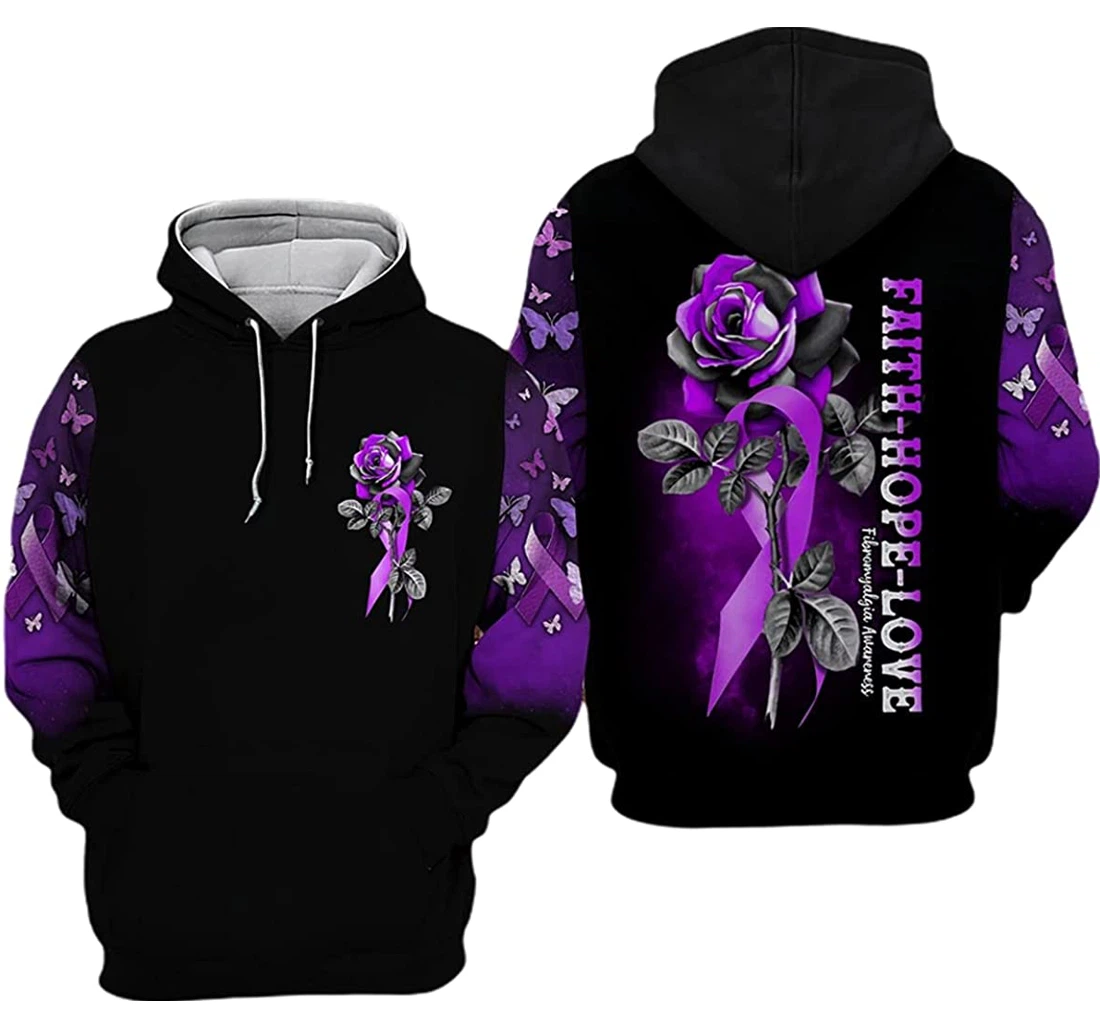 Fibromyalgia Awareness Rose Purple Butterfly - 3D Printed Pullover Hoodie